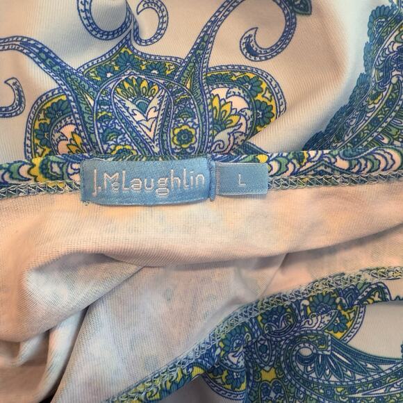 J McLaughlin Catalina Cloth Top Sz L Blue 3/4 Sleeve Stretchy Mandala Casual EUC - Picture 4 of 10